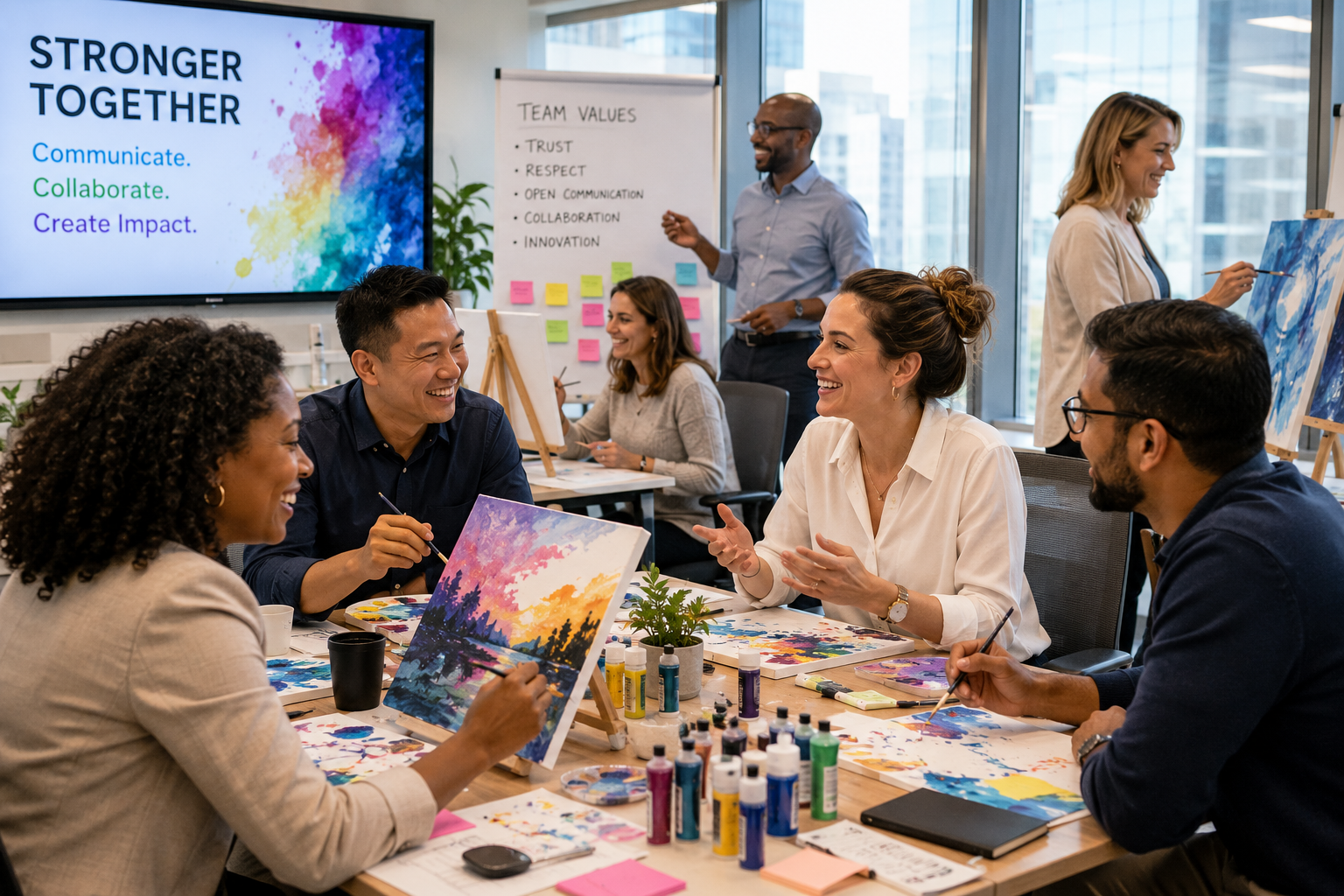 Corporate team painting together in a Deja Hue Art workshop with a Stronger Together theme